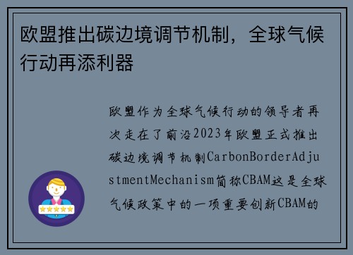 欧盟推出碳边境调节机制，全球气候行动再添利器